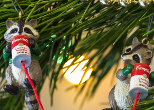 Holiday ornaments, Christmas, raccoons, christmas tree,