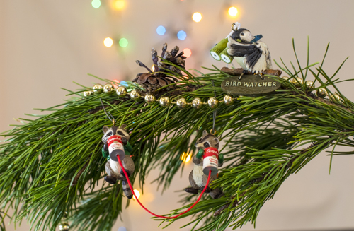 Holiday ornaments, Christmas, raccoons, christmas tree,